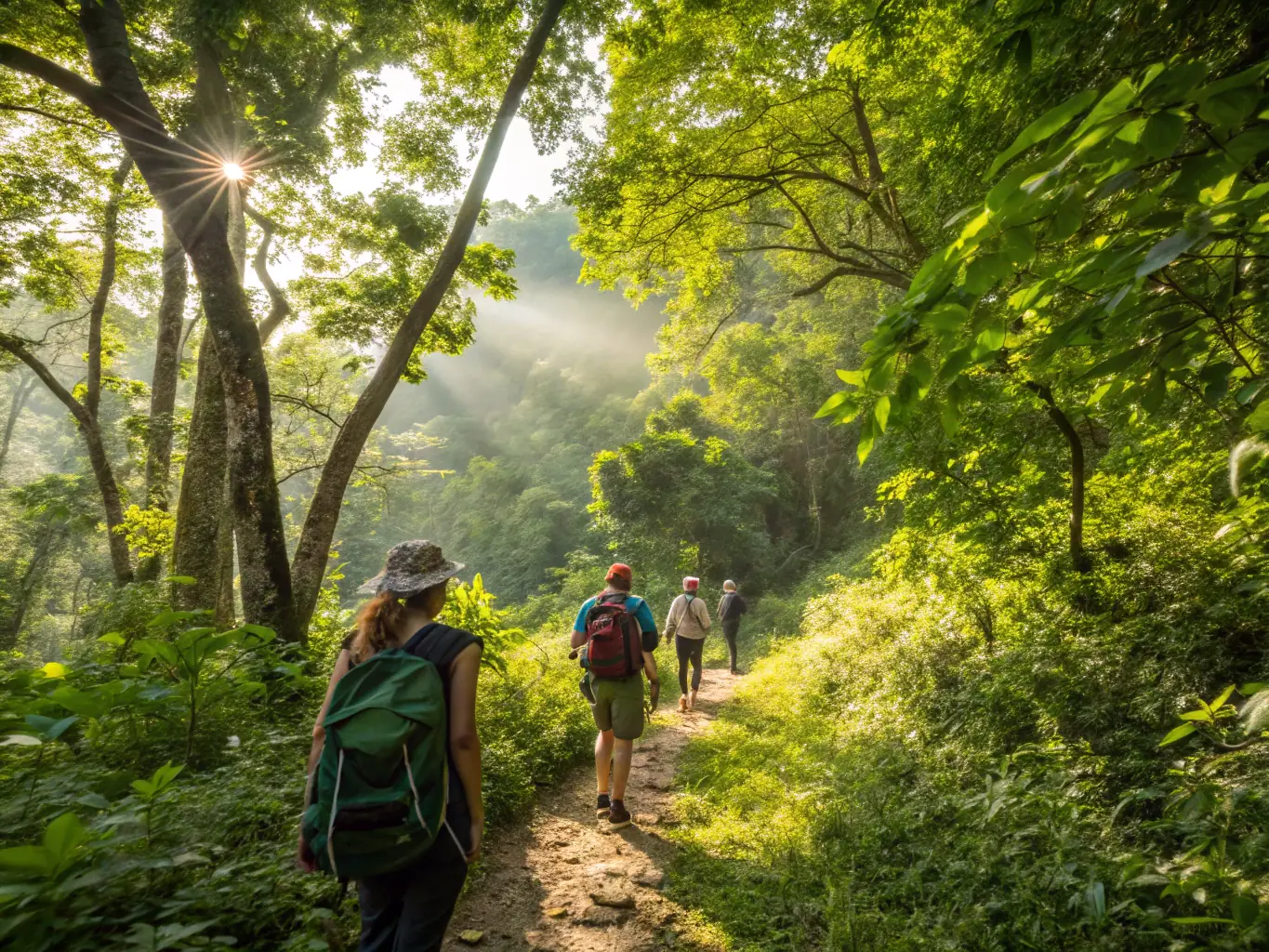 A photo of people participating in a group hike in a lush natural setting, representing the Outdoor Activities organized by FEEL GOOD ASSOCIATION.