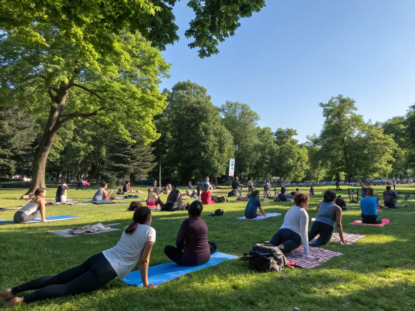 An image of a group participating in a yoga or meditation workshop outdoors surrounded by nature, symbolizing the Well-being Workshops offered by FEEL GOOD ASSOCIATION.